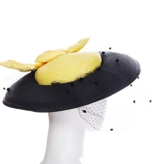 Mid Century Doris Black Straw Hat w Yellow Crown & Silk Rose Bow