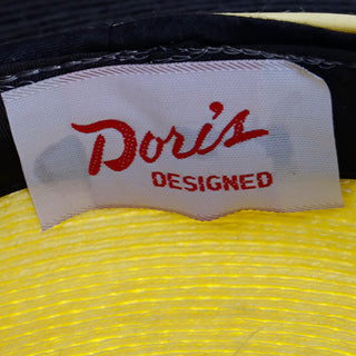 1950s Doris Black Straw Hat w Yellow Crown & Silk Rose Bow Mid century Millinery