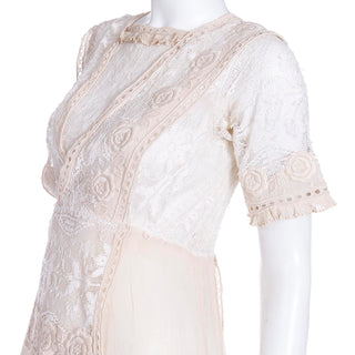 1910s Edwardian Vintage Lace Lawn Day Dress Fine Embroidery Roses