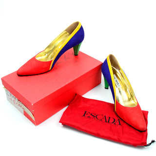 Vintage Escada Colorblock Red Blue Green and Yellow Shoes with box and bag