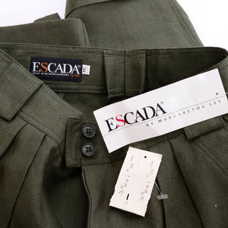 1980s Escada Army Green Linen High Waisted Shorts Deadstock 4