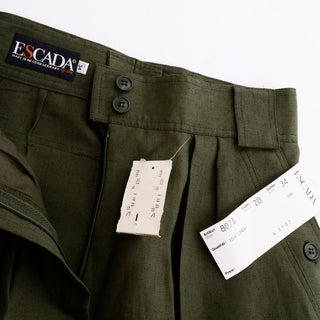 1980s Escada Army Green Linen High Waisted Shorts Deadstock 4