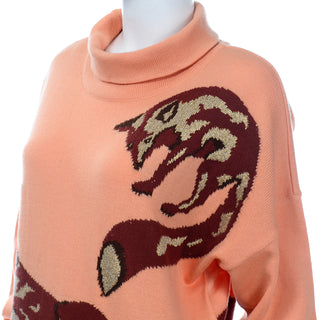 1980s Vintage Escada Margaretha Ley Oversized Peach & Brown Fox Sweater Pullover