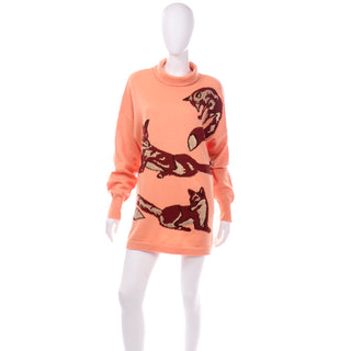 1980s Vintage Escada Margaretha Ley Oversized Peach & Brown Fox Sweater Turtleneck