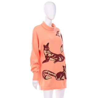 1980s Vintage Escada Margaretha Ley Oversized Peach & Brown Fox Sweater With Gold Accrents