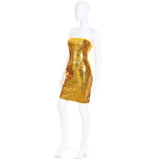 1990s Escada Margaretha Ley Gold Sequin Strapless Evening Dress sz 4