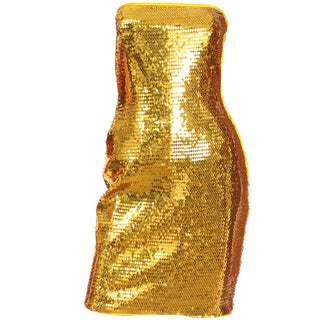 1990s Escada Margaretha Ley Orange Gold Sequin Strapless Evening Dress 