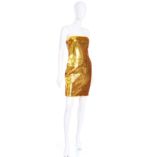 1990s Escada Margaretha Ley Gold Sequin Strapless Evening Dress Margaretha Ley