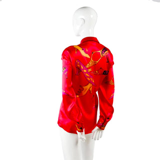 1980s Vintage Escada Silk Novelty Shoe Blouse in Red Pink & Yellow Gold Margaretha Ley