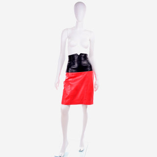 Escada Margaretha Ley Vintage Red Black Leather Pencil Skirt 80s