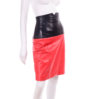 Escada Margaretha Ley Vintage 80s Red Black Leather Pencil Skirt