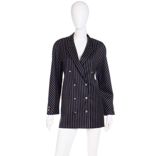 1980s Escada Margaretha Ley Navy Blue Pinstriped Double Breasted Menswear Style Blazer Jacket