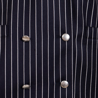 1980s Escada Margaretha Ley Navy Blue Pinstriped Double Breasted Blazer Jacket Silver Buttons