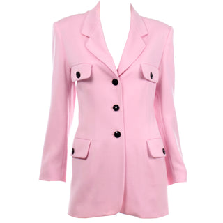 Margaretha Ley Escada Vintage Pink Longline Blazer Jacket w black enamel buttons
