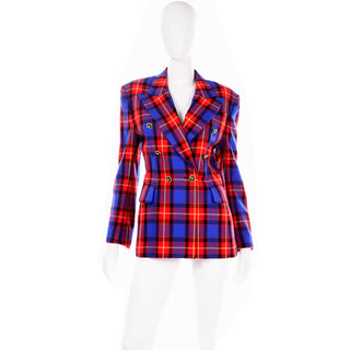 1980s Margaretha Ley for Escada Vintage Red & Blue Wool Plaid Blazer Jacket
