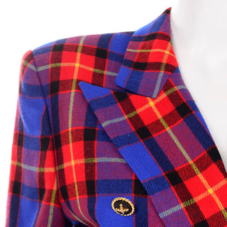 Double Breasted Margaretha Ley for Escada Vintage Red & Blue Wool Plaid Blazer Jacket