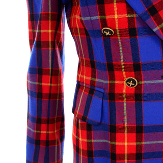 Margaretha Ley for Escada Vintage Red & Blue Wool Plaid Blazer Jacket Buttons