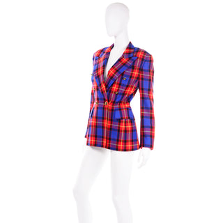 Margaretha Ley for Escada Vintage Red & Blue Wool Plaid Blazer Jacket 80s