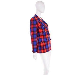 80s Margaretha Ley for Escada Vintage Red & Blue Wool Plaid Blazer Jacket