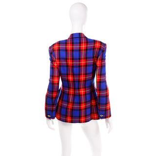 Margaretha Ley for Escada Vintage Red & Blue Wool Plaid Blazer Jacket 1980s