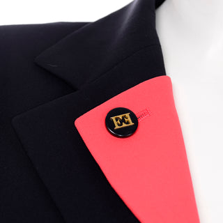 Margaretha Ley for Escada Vintage 1980s Dark Navy & Red Blazer Jacket logo buttons