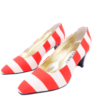 1980s Escada Vintage Red & White Striped Shoes w Black Heels