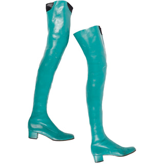 1970s French Vintage Green Thigh High Stretch Leather Boots with low heel size 6