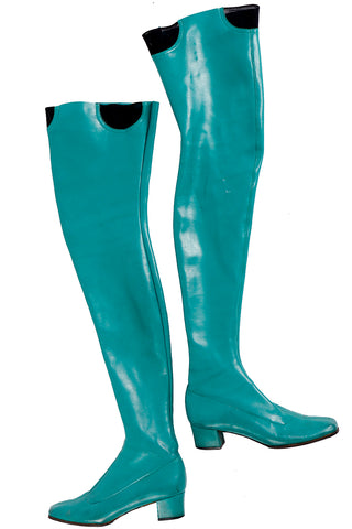 1970s French Vintage Green Thigh High Stretch Leather Boots