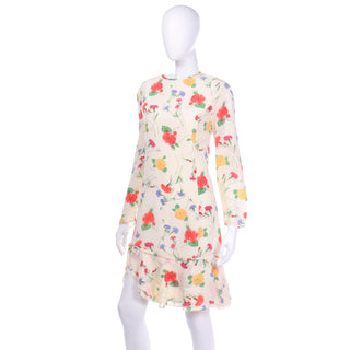 Vintage Galant Cream Floral Silk Jersey Dress with red and yellow carnations and flounce hem