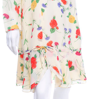 Vintage Galant Cream Floral Silk Jersey Dress ruffled hem