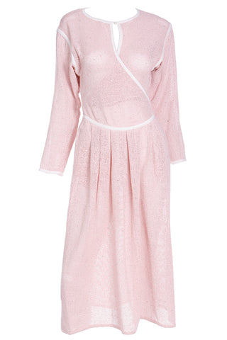 1980s Geoffrey Beene Pink Woven Wrap Dress With White Trim