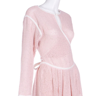1980s Geoffrey Beene Pink Woven Vintage Wrap Dress With White Trim