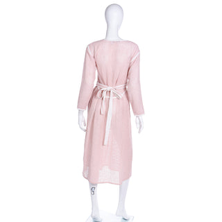 Vintage 1980s Geoffrey Beene Pink Woven Wrap Dress With White Trim and Belt