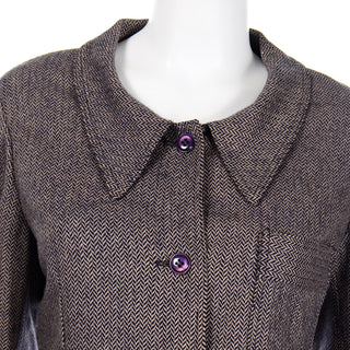 Vintage Geoffrey Beene Brown Chevron Wool Jacket w Skirt details suit