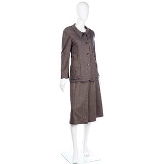 Vintage Geoffrey Beene Brown Chevron Wool Jacket w Skirt designer suit