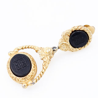 Rare 1980s Vintage Givenchy Logo Black & Gold Door Knocker Earrings