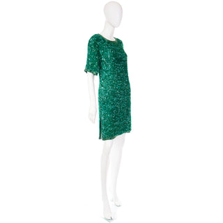 Vintage Green Sequin & Beaded Evening Dress with short sleeves