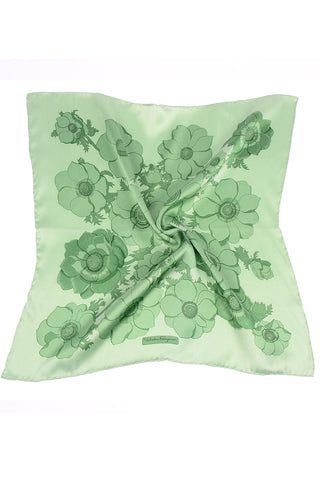 Vintage Salvatore Ferragamo Green Floral Silk Scarf