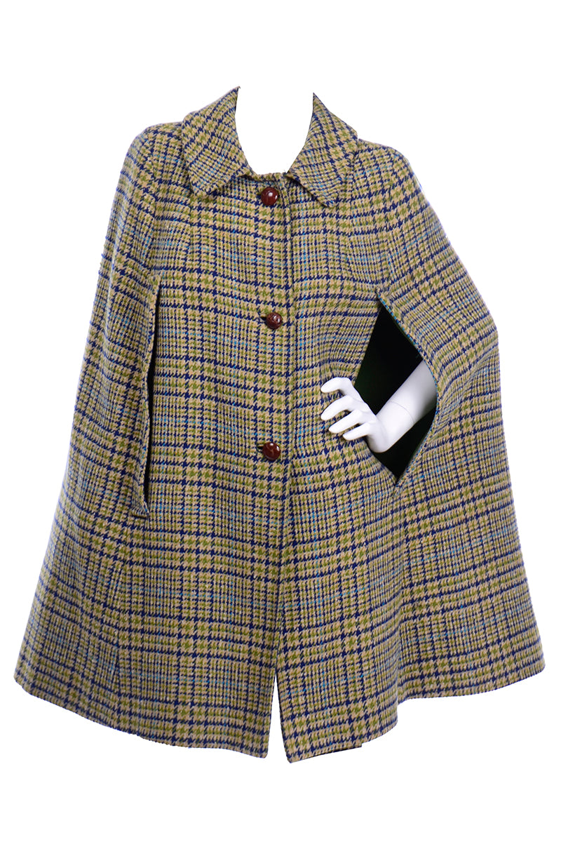 Mid Century 60s Vintage Green and Blue Plaid Cape With Green