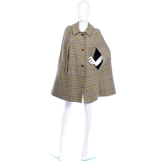 Mid Century 1960s Vintage Green and Blue Plaid Cape With Green LIning