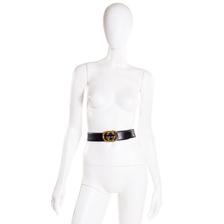 Late 1980s Early 1990s Gucci Double G Gold Buckle Black Leather Belt