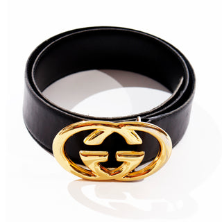 1990s Gucci Double G Gold Buckle Black Leather Belt Italy