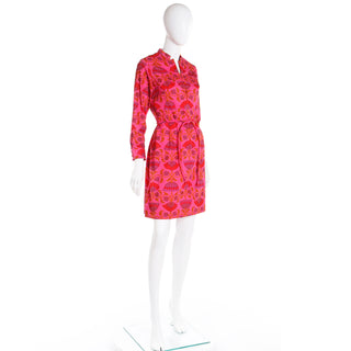 1970s Gumps San Francisco Pink & Orange Floral Cotton Vintage Dress w Belt