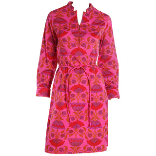 1970s Gumps San Francisco Pink & Orange Floral Cotton Print Dress w Belt 