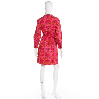 Vintage 1970s Gumps San Francisco Pink & Orange Floral Cotton Dress w Belt