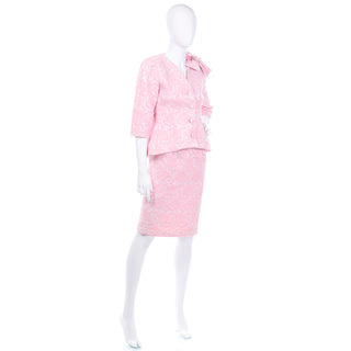 Vintage Guy Laroche Boutique Paris Pink Floral Jacquard Jacket & Skirt Suit w Bow
