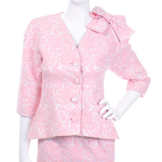 Vintage Guy Laroche Boutique Paris Pink Floral Jacquard Jacket and Skirt Suit w Bow 