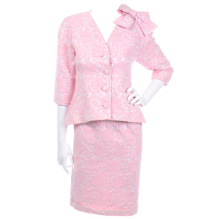 Vintage Guy Laroche Boutique Collection Paris Pink Floral Jacquard Skirt Suit w Bow