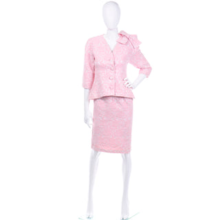 Vintage Guy Laroche Boutique Paris Pink Floral Jacquard Skirt Jacket Suit w Bow 