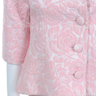 Vintage Guy Laroche Boutique Paris Pink Floral Jacquard Skirt Suit w Bow 3/4 sleeves